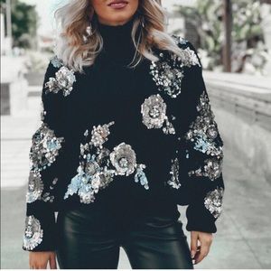 Zara Black Floral Sequined Mock Neckline Long Chunky Sweater